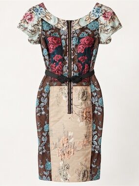 Byron Lars Brown and Beige Floral Patchwork Midi Dress